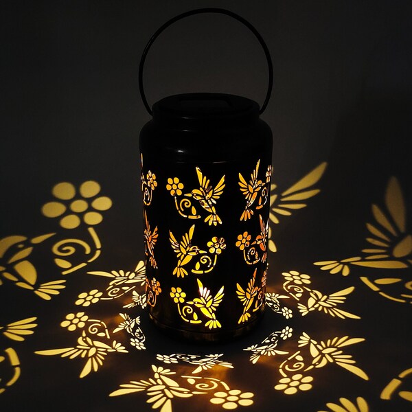 Bliss Outdoors Set Of 2 Solar LED Lanterns W Humming Bird Design  Hand Painted Finish